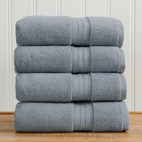 Great Bay Home 100% Cotton 4 Pack Bath Towel Set - Absorbent, Quick-Drying, Classic Bath Towels for Bathroom - Zero-Twist Fibers (Blue) - color: Blue, size: Bath Towel (Pack of 4)