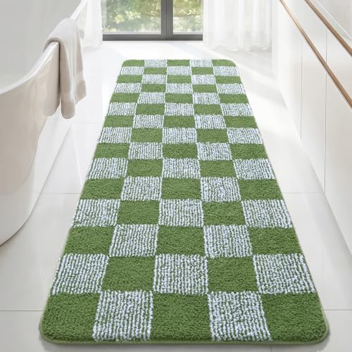 LOCHAS Long Bathroom Runner Rug 72×24, Checkered Bath Mat Non Slip, Green | Rubber Backing Absorbent Machine Washable, Microfiber Carpet for Kitchen Bedroom Entryway - color: Green, size: 72" x 24"