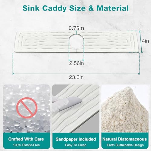 Kitchen Faucet Mat, Diatomite Sink Splash Guard, Quick Drying Stone Tray | Solid diatomite, 23.6x4in size; Absorbs splashes and dries fast; For kitchen & bathroom counters; Fits most faucets