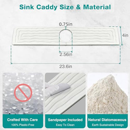 Kitchen Faucet Mat, Diatomite Sink Splash Guard, Quick Drying Stone Tray | Solid diatomite, 23.6x4in size; Absorbs splashes and dries fast; For kitchen & bathroom counters; Fits most faucets