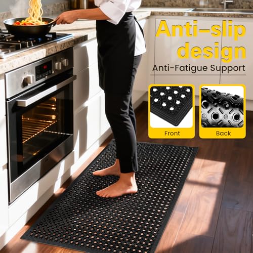 Rubber Door Mat with Holes, 36"x60" Rubber Floor Mat, Heavy Duty Floor Mats for Garage Floor Outdoor Restaurant Kitchen Bar (Black) (36"x60") - size: 60"L x 36"W x 0.4"Th