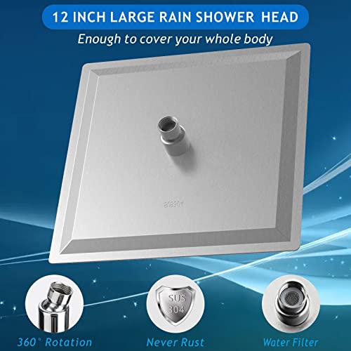 Voolan All Metal Shower Head with Extension Arm, Stainless Steel Waterfall Rainfall Showerheads, High Flow Bathroom Square Rain Shower Head (12’’ Shower Head with 16’’ Shower Arm, Brushed Nickel) - color: Brushed Nickel, size: 12’’ Shower Head with 16’’ S