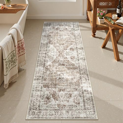 Uphome Bathroom Rugs Runner, Distressed Farmhouse Boho Khaki Bath Mat, Non Slip Washable Long Bath Rugs, Vintage Traditonal Soft Velvet Bathroom Runner for Bathtub Sink Shower, 20x60 inch - color: Khaki/Red Brown, size: 20 x 60 inch (Rectangular)