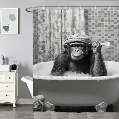 Funny Monkey Shower Curtain, Black and White Fun Chimpanzee Animal Bathroom Curtains, 72x72 Humorous Shower Curtain Set, Gray Wildlife Boys Men Modern Cool Bathroom Curtain - color: Black Gray, size: 72"W x 72"L (Pack of 1)