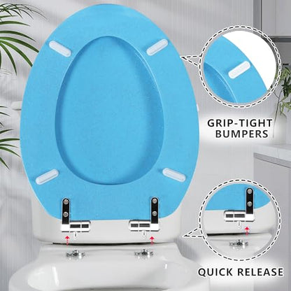 Angol Shiold Glitter Toilet Seat Molded Wood Elongated Toilet Seat with Quietly Close and Quick Release Hinges, Easy to Clean also Easy to Install (Elongated 18.5'', Blue) - color: Blue, size: Elongated 18.5‘’
