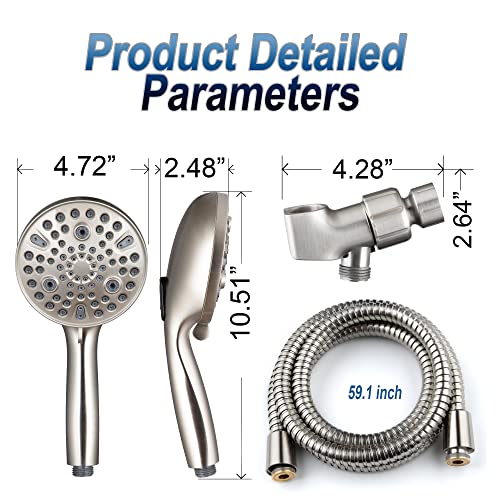 High Pressure Handheld Shower Head, 10-Setting Showerhead, 4.7”Detachable Showerhead Set with 5ft Hose, Adjustable Bracket and Built-in Power Wash to Clean Tub, Tile & Pets - Brush Nickel - color: Brush Nickel