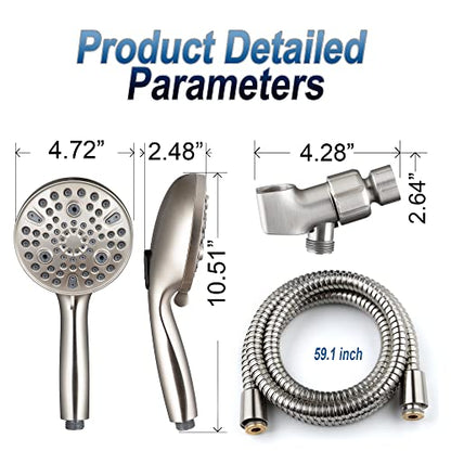 High Pressure Handheld Shower Head, 10-Setting Showerhead, 4.7”Detachable Showerhead Set with 5ft Hose, Adjustable Bracket and Built-in Power Wash to Clean Tub, Tile & Pets - Brush Nickel - color: Brush Nickel