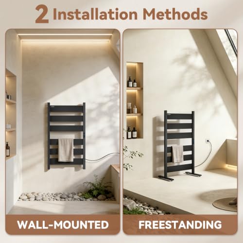 WiFi Towel Warmers for Bathroom, 6 Flat Bars Heated Towel Rack, Black | Smart App Control, Freestanding & Wall Mounted, Child Safety Lock, 1-24H Timer & Multi-Level Temp, Large Heating Surface