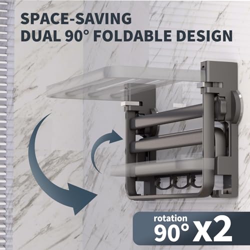 Towel Rack with Towel Bar Holder Suction Cup Foldable Towel Shelf No Drill with 7 Hooks Rustproof Towel Storage Wall Mount for Bathroom Lavatory Matte Blackish Gray20 Inch