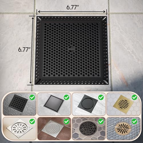 Square Shower Drain Hair Catcher, Drain Cover, Not Moving, 6 inch | 304 Stainless Steel and TPE Material/ Efficient Drainage / Easy Clean / Anti-Clogging / Fits Bathroom Hair Catcher for Shower - color: Matte Black, size: 6 inch