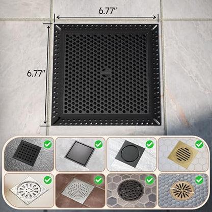 Square Shower Drain Hair Catcher, Drain Cover, Not Moving, 6 inch | 304 Stainless Steel and TPE Material/ Efficient Drainage / Easy Clean / Anti-Clogging / Fits Bathroom Hair Catcher for Shower - color: Matte Black, size: 6 inch