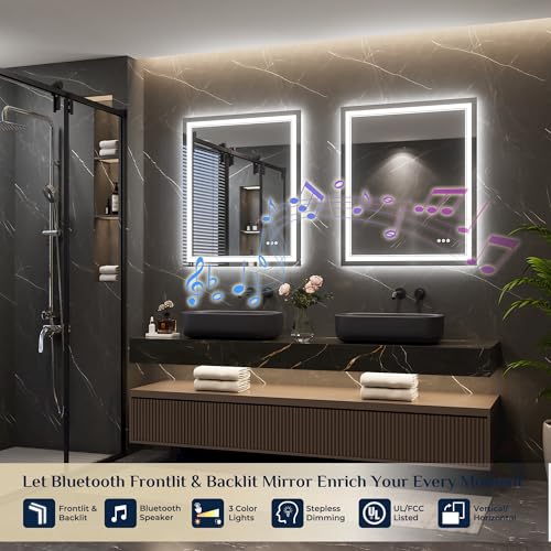 Keonjinn 30 x 36 Inch LED Bathroom Mirror with Lights, Frontlit & Backlit | Bluetooth Speaker, Bluetooth Mirror Bathroom, HD Tempered Glass, 3000K/4500K/6000K, Dimmable, Fast & Safe Defogging, CRI90+ - size: 36"L x 30"W