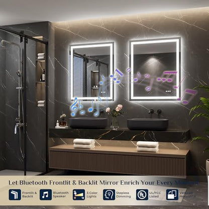 Keonjinn 30 x 36 Inch LED Bathroom Mirror with Lights, Frontlit & Backlit | Bluetooth Speaker, Bluetooth Mirror Bathroom, HD Tempered Glass, 3000K/4500K/6000K, Dimmable, Fast & Safe Defogging, CRI90+ - size: 36"L x 30"W