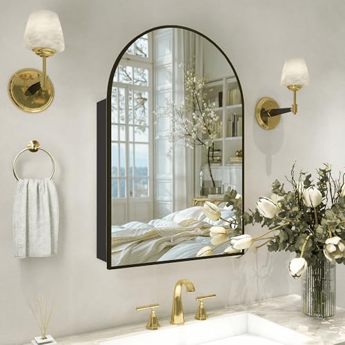Arched Medicine Cabinet with Mirror,Bathroom Medicine Cabinet with Mirror Wall Mounted,Mirrored Medicine Cabinets with Adjustable Shelves,Not Recessed,24x36 Inch,Black - color: Black, size: 36"L x 24"W
