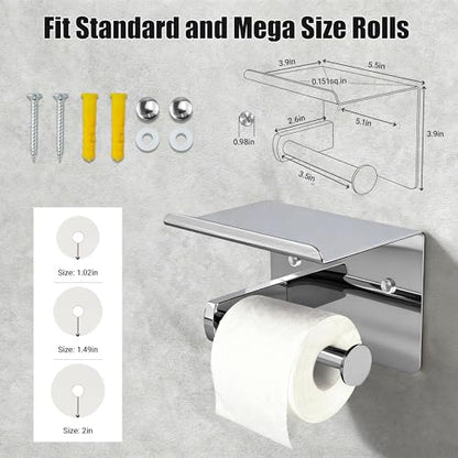 Chrome Toilet Paper Holder with Shelf, SUS304 Stainless Steel Rustproof Wall Mount Toilet Paper Roll Holder, Screw Bathroom Toilet Paper Holder for Kitchen, Washroom, RV - color: Chrome