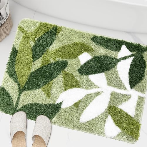 Sage Bathroom Rugs Green Leaves Bath Mat Soft & Water Absorbent Bath Rug with Non Slip Back for Wash Basin Shower Room Bathroom Floor Bedroom Doormat | Super Soft Strong Water Absorption Bathmat Cute Bath Rug Leaf Bath Home Decor for Wash Basin Shower Bat