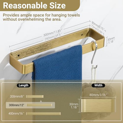 SAYAYO Brushed Gold Hand Towel Holder for Bathroom Wall, 12 Inch Self Adhesive Towel Bar Hand Towel Rack Square Heavy Duty - color: Gold, size: 12 Inch