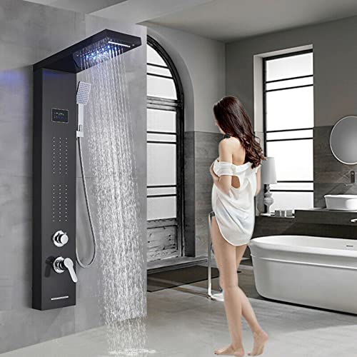 LED Light Shower Panel Tower Rainfall Waterfall Shower Head with Massager Jets Body System Jet Black B (Color : Black B) - color: Black B