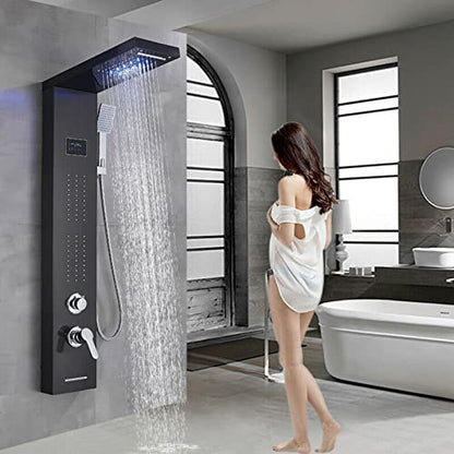 LED Light Shower Panel Tower Rainfall Waterfall Shower Head with Massager Jets Body System Jet Black B (Color : Black B) - color: Black B