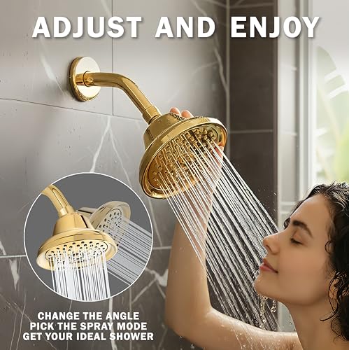 Massage Shower Head With Mist - 2.5 GPM - Polished Brass | High Pressure Boosting, 6 Function Adjustable Massaging Rainfall Showerhead For Low Flow Baths With Water Saving Nozzles - color: Polished Brass, size: 2.5 GPM