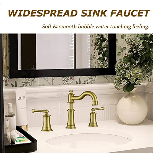 Roman Bathroom Sink Faucet 3 Holes Brushed Gold 2 Handle Widespread 8 inch Deck Mount Installation with Overflow Pop Up Drain Assembly and Water Supply Lines - color: Brushed Gold, style: 3 Hole Deck Mount