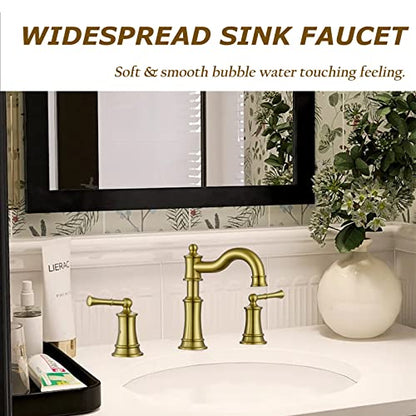 Roman Bathroom Sink Faucet 3 Holes Brushed Gold 2 Handle Widespread 8 inch Deck Mount Installation with Overflow Pop Up Drain Assembly and Water Supply Lines - color: Brushed Gold, style: 3 Hole Deck Mount