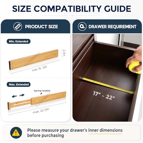 Fabsome Drawer Divider 6 Pack, Bamboo Kitchen Dividers Organizers Adjustable 17''-22'', Wooden Dresser Separators for Nursery Organization Clothes Socks Underwear Baby Clothing, with Soft Foam Ends - size: For 17-22in deep drawers inner size