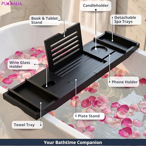 Bath Tray for Tub and Ergonomic Pillow Premium - Caddy Expandable 29 to 42.5 Inch -Foldable Bamboo Wood Tub Organizer - Luxury Bathtub Tray Wood Bamboo - color: Black