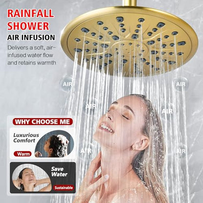 SUMERAIN Brushed Gold Shower System with Slide Bar | High Pressure Multi-modes Shower Head and Handheld, Rainfall Shower Faucet, Included Valve and Trim Kit - color: Brushed Gold