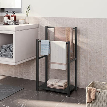 HOOBRO Free Standing Towel Rack for Bathroom, 16.5" L x 9.4" W x 31.5" H, 2 Tier Blanket Rack, Blanket Holder, Drying and Display Rack with Shelf, Black BB02LB01 - color: Black + Black, size: 16.5"L x 9.4"W x 31.5"H