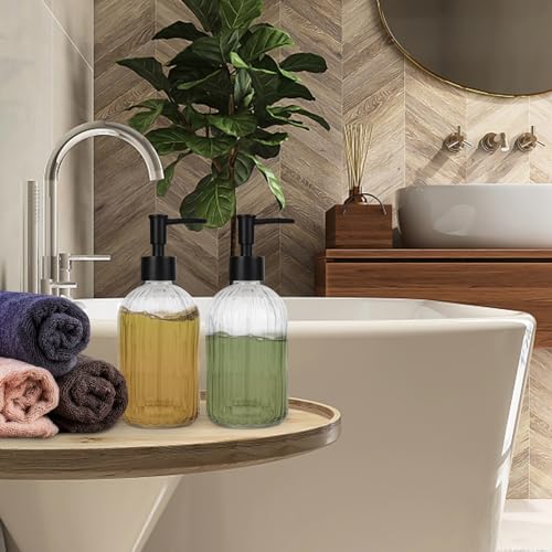 2 Pack Glass Soap Dispenser with Pump, 13.5oz Refillable Soap Dispensers with Vertical Stripe for Hand Wash & Dish Wash, Elegant Bathroom Soap Dispenser for Dishwashing Liquid, Lotion - color: Clear