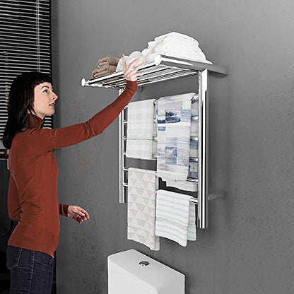 6 Bar Wall Mounted Towel Warmer with Top Shelf, Energy Efficient 105W Electric Heated Towel Rack for Bathroom, Towel Heater Rail On/Off Switch - size: hardwired
