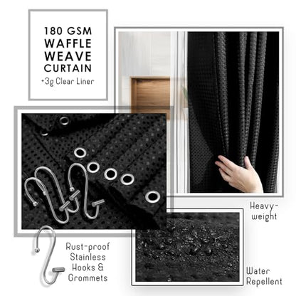 Clara Clark Black Bathroom Set, Shower Curtain Set and Shower Caddy Hanging | 25 Piece Bathroom Accessories Set with Toothbrush Holder, Soap Dispenser, Soap Dish, Toilet Brush, and Bathroom Trash Can - color: Black, size: Complete Set + Shower Caddy