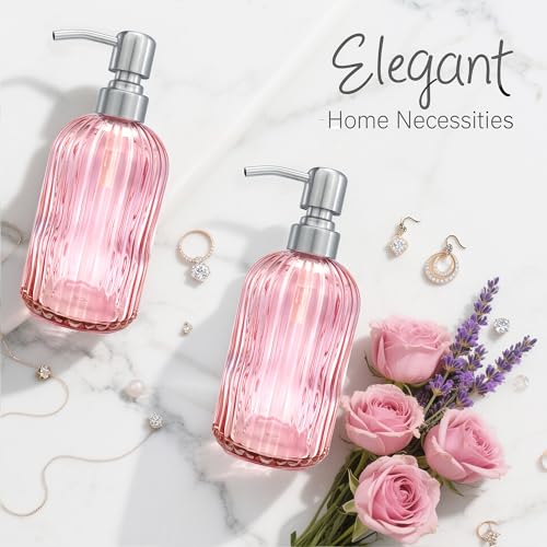 16 OZ Pink Glass Soap Dispenser Glass Soap Dispenser,Clear Pink Stripe Bathroom Hand Soap Dispensers with Stainless Steel Pump, Pink Kitchen Hand Soap Dispenser with Brushed Nickel Pump - color: Pink+brushed Nickel Pump, size: 1-Pack