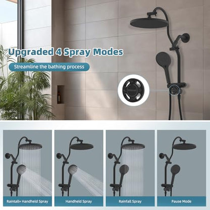 Hibbent 10'' Rain Shower Head Combo with 3 Handheld Sprays, Matte Black | cUPC Certified Self-cleaning High Pressure Shower Head, All Metal Extension Arm, Easy Reach 4-way Diverter, 71" Hose & Holder - color: Matte Black