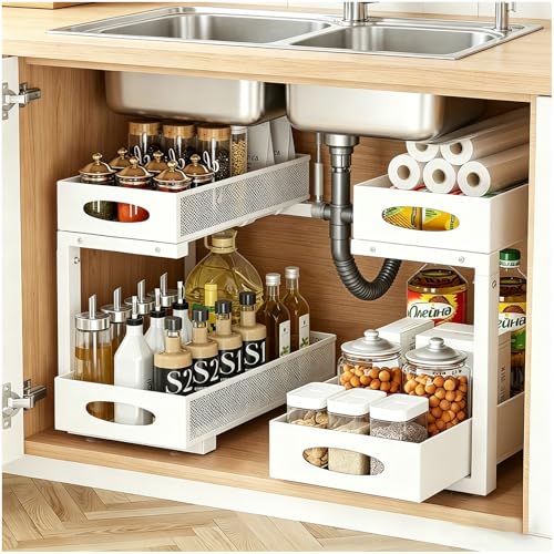 2 Pack Under Sink Organizer, 2-Tier Pull Out Kitchen Cabinet Organizer, Height Adjustable Metal Slide Out Bathroom Organizers and Storage Makeup Drawer Organizer for Office Bedroom(A-White, 2Pack) - color: A-White