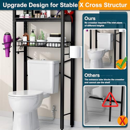 Over The Toilet Storage Cabinet,4 Tier Bathroom Organizer and Storage With Adjustable Shelf Waterproof Feet Pad and Basket Multifunctional Space Saver Freestanding Bathroom Shelves With Dividers Black - color: Black