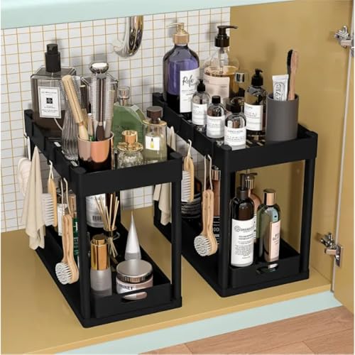 2-Tier Expandable Sink Cabinet Shelf, Stainless Steel Under Sink Organizer, Tool-Free Assembly, Rust-Proof & Heavy-Duty (Black)