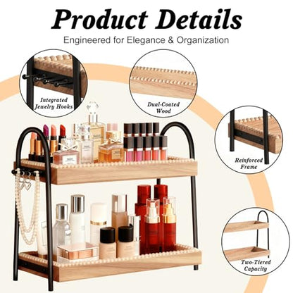 Bathroom Organizer Countertop Tall 2-Tier Waterproof 20+ Bottles 8 Hooks | Tall design for family bathroom/vanity, fits tall perfume/skincare, paulownia wood shelf, 8 hooks keep jewelry tidy, non-slip - color: B-large-black & Light Brown