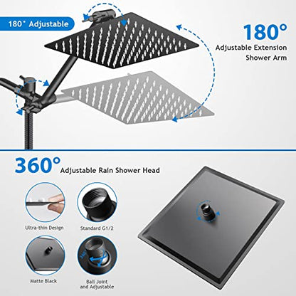 12” Black High/Low Pressure Water Rain Shower Head with 11” Extension Arm | 5 Settings Handheld Shower Head Combo,Powerful Shower Spray - Matte Black, Powerful Shower Spray Against Low Pressure Water - color: Black, size: 12" Showerhead Set