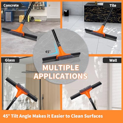 Floor Squeegee for Concrete Floor,Heavy Duty Shower Garage Floor Squeegee Broom with Scrubber Brush and 62" Long Handle for Bathroom Tile,Garage, Deck,Pool,Outdoor Floors,16 Inch,Orange