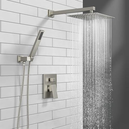 Lava Odoro Modern 2-Setting Square Shower System with Rain Shower Head and Handheld Spray Brushed Nickel, Rainfall Shower Faucet Set Brushed Nickel, Shower Valve and Trim Kit, SF103-BN - color: Brushed Nickel, style: Without Tub Spout