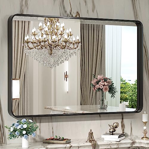 40 x 30 Inch Wall Mirror for Bathroom Black Metal Frame Decorative Rectangular Wall Mounted Home Decor Corner Hangs Farmhouse Mirror (Horizontal/Vertical) - color: Black, size: 30"L x 40"W, style: Rectangle