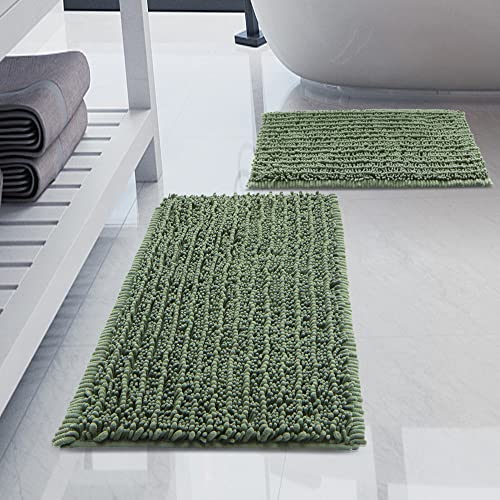 Luxury Chenille Sage Green Bathroom Rugs Sets 2 Piece, Thickened Hot Melt Rubber Bottom Bath Mats for Bathroom Non Slip,Bath Rugs Quick Dry Machine Washable for Shower Mat (32"x20"+17"x24") - color: Sage Green, size: 32" x 20" Plus 17" x 24"