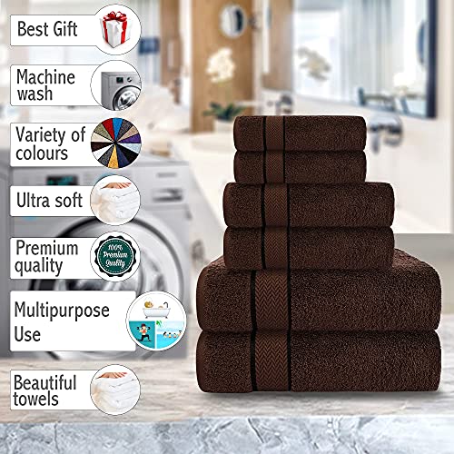 6 Piece Luxury Bathroom Towels Set - 100% Cotton, Dark Brown/Chocolate, Includes 2 Bath Towels, 2 Hand Towels, and 2 Washcloths - Quick Dry, Absorbent, Plush, Soft | 100% Cotton • Thick & Plush • Hotel Quality • Ultra Soft • Highly Absorbent • Quick Dry •