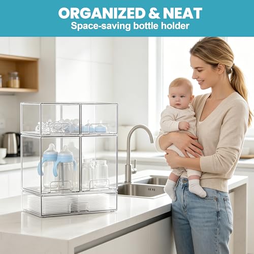 Stackable Storage Drawers, 3 Pack Clear Acrylic Makeup & Baby Bottle Storage Organizer, Versatile Storage Bins for Vanity, Under Sink, Kitchen Cabinets & Pantry (3 Pack)