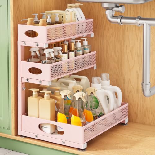 Kitstorack Under Sink Organizer 3-Tier Slide Out Drawer 1-Pack Pink | Height Adjustable, Metal Mesh Storage Rack, Pull out Cabinet Organizer Shelf for Bathroom Kitchen Pantry Home Organization - color: Pink, size: 1-Pack