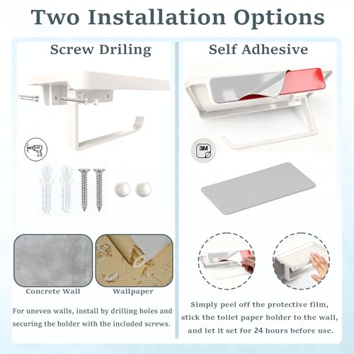 Cream White Toilet Paper Holder with Shelf | Self Adhesive Toilet Tissue Roll Holder Wall Mount for Bathroom, Washroom, Kitchen, RV with Cell Phone Storage