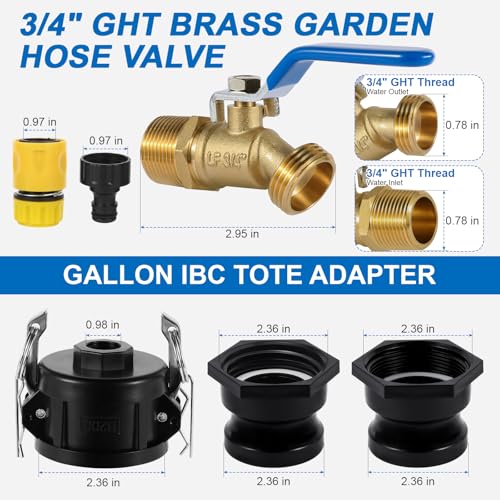 IBC Tote Hose Adapter, 2" Cam Lock Fittings for 275-330 Gallon IBC Tote Tank, 2" Fine and Coarse Groove, 3/4" Male NPT Inlet ×3/4" Male GHT Brass Hose Faucet Garden Hose Connector