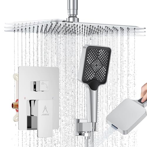 Shower System Modern Rain 8 inches Brass Faucet Set With Valve and Diverter Shower Mixer With Handheld High Pressure Square Rainfall Shower Valve (12'' Ceiling Mount, Chrome Polished) - color: Chrome Polished, style: 12'' Ceiling Mount